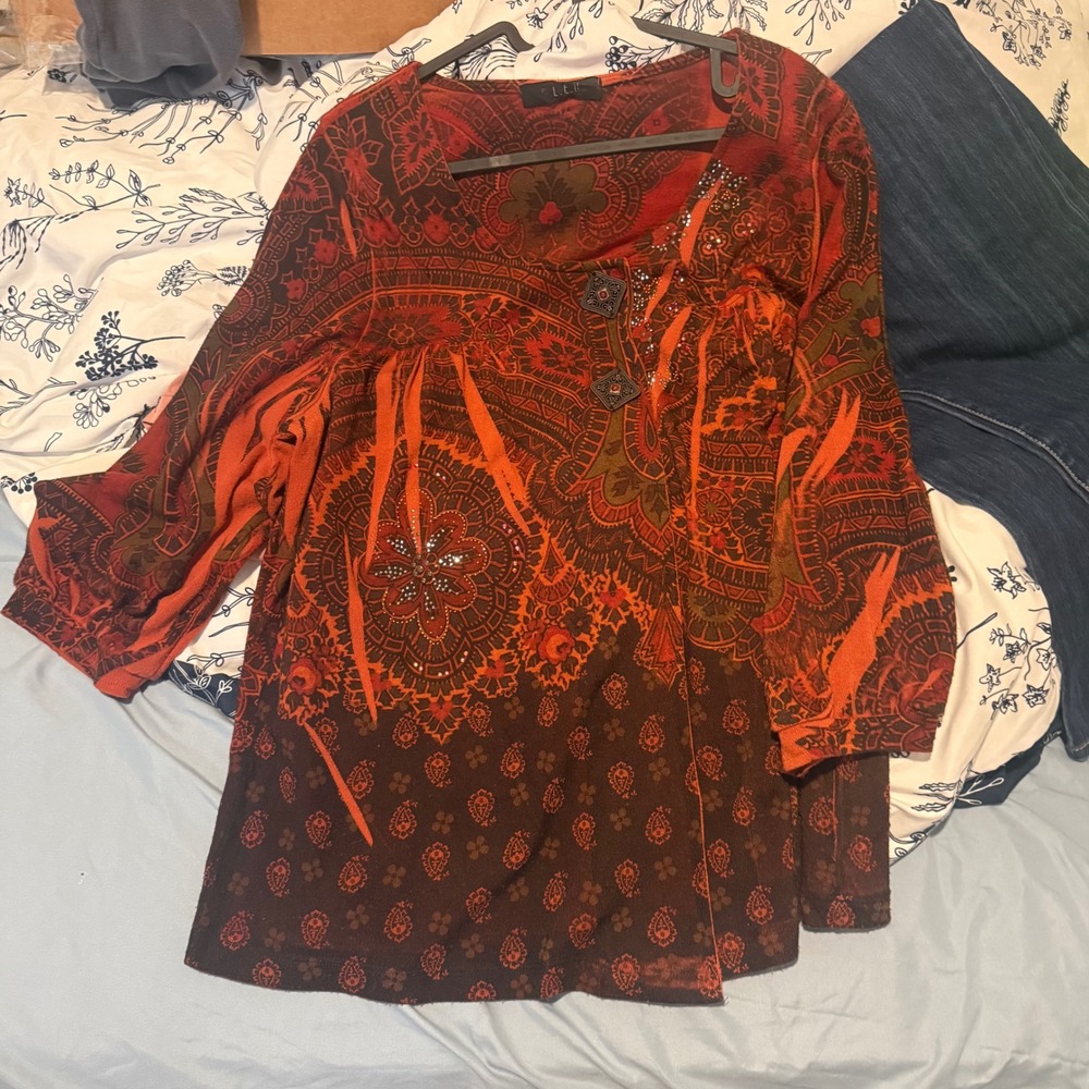 B.L.E.U. Vintage 2X Orange Brown Paisley Mandala Rhinestone 3/4‎ Sleeve Top Y2K